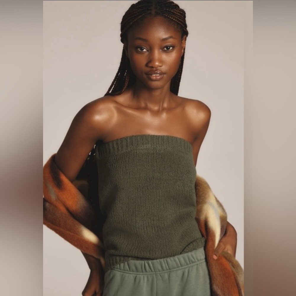 Anthro Army Green Strapless Sweater Tube Top Flat White L NWT